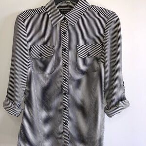 Striped Button Down Blouse Black & White Professional Pockets 3/4 Sleeve